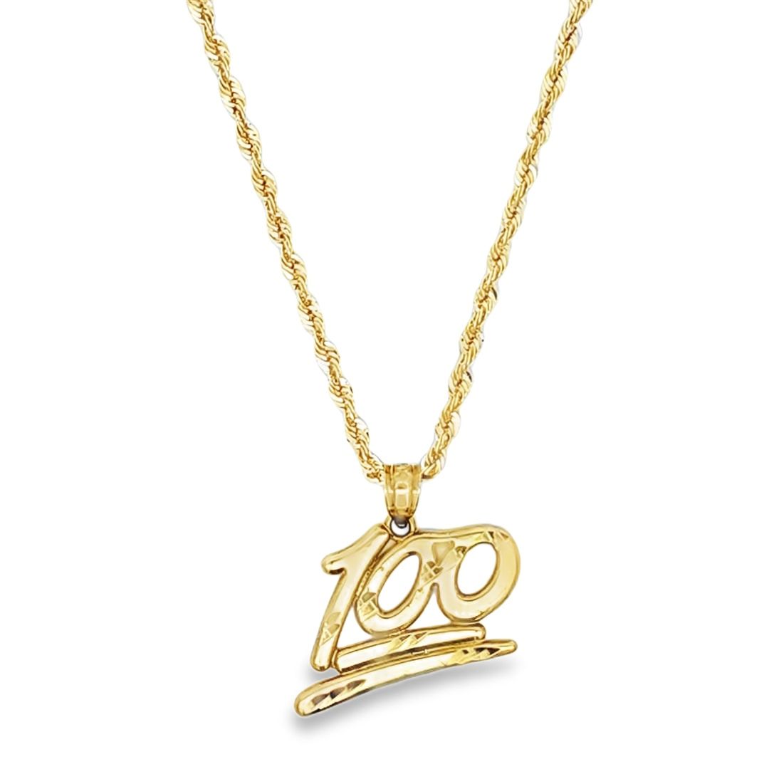 10K Stylish Gold '100' Pendant with 20" Rope Chain