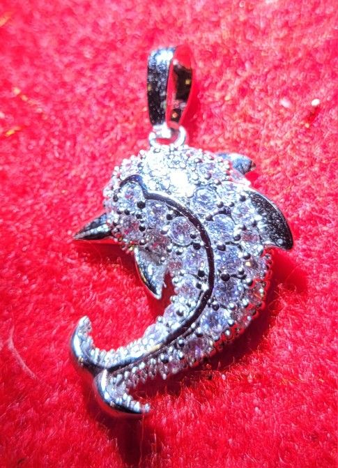 New Rhodium CZ Dolphin Pendant