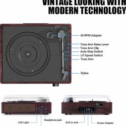 Bluetooth Vinyl Record Player,3-Speed Turntable with Stereo Speakers Vintage Phonograph Record Player, with RCA Line Out AUX in Headphone Jack (Brown)