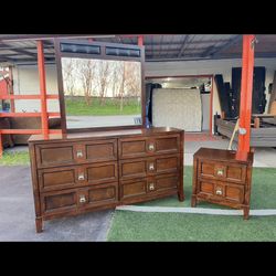 Dresser, mirror, and nightstand
