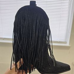 Ouepiano Ankle Cowboy Boots for Women - Rhinestone Cowgirl Boots with Glitter Fringe Pointed Toe Western Booties Chunky Heel Pull-On SIZE 10