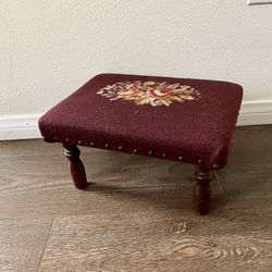 Vintage Hand Made Floral Needlepoint Embroidery Footstool 1960s