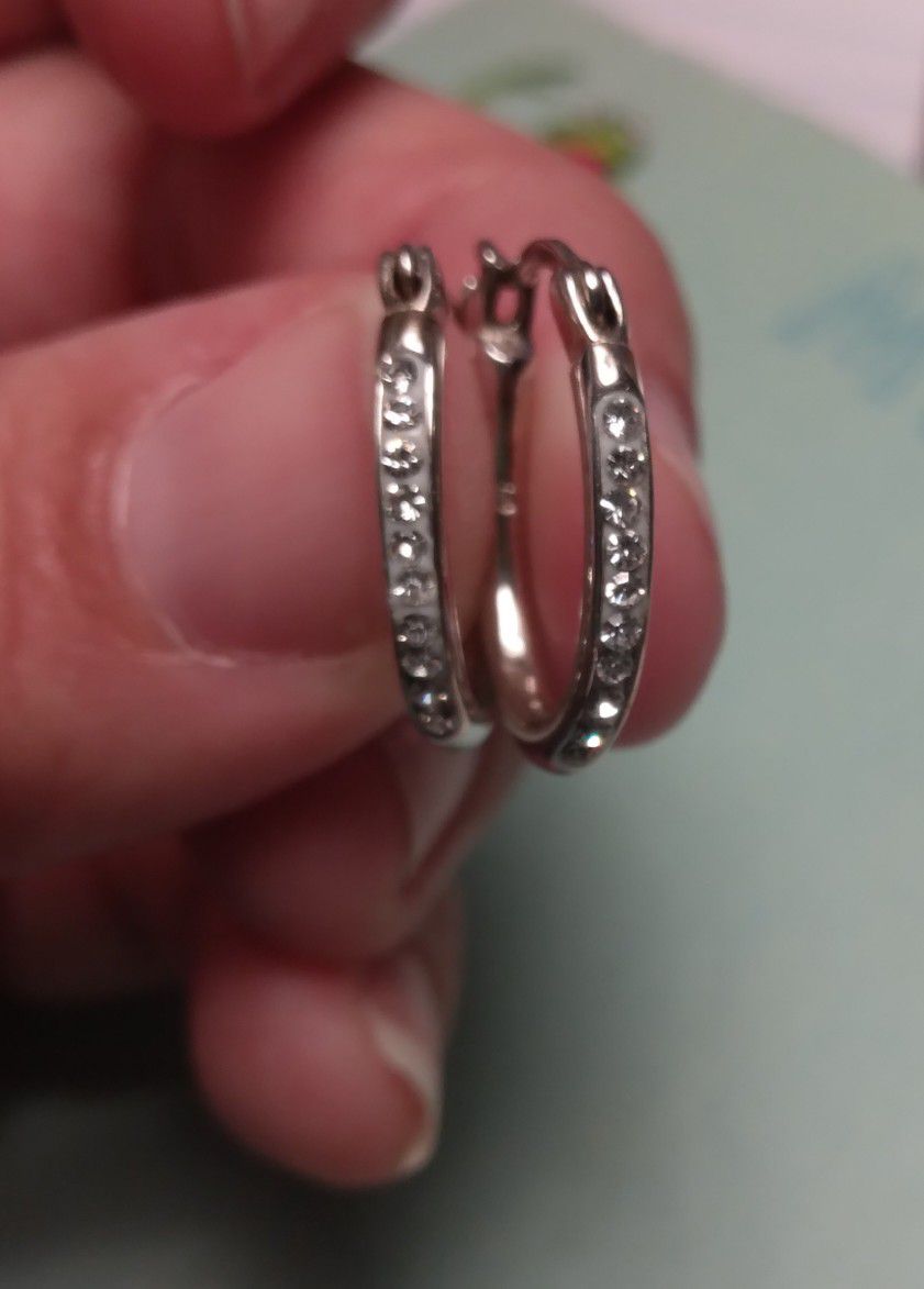 Genuine Diamond & Sterling Silver Small Hoop Earrings 