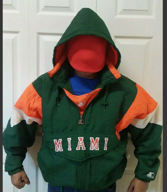 Miami Hurricanes Starter Jacket Mens L Vintage 90s Hoodie Coat Pullover 1/2 Zips