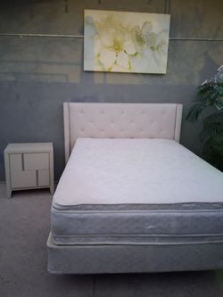 $280 used queen-size bed (beige). Includes nightstand, headboard, frame, box spring, and mattress; very clean.