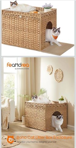 Cat Litter Box Enclosure, Handwoven Rattan Hidden Litter Box Furniture with Extra Litter Mat, Removable Washable Tray, Boho Cat House, End Table,