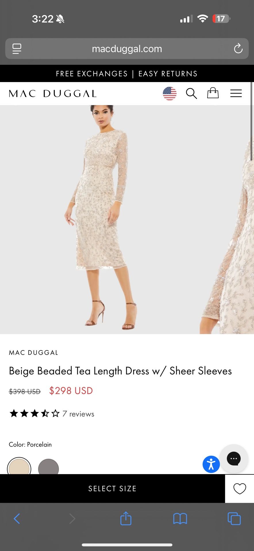 Mac Duggal Beige Beaded Tea Length Dress w/ Sheer Sleeves