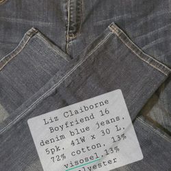 Liz Claiborne Boyfriend 16 denim blue jeans, 5pk, 41W x 30 L, 72% cotton, 13% visosel,13% polyester