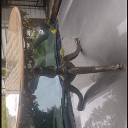 Three Legged Brass And Onyx Base With Marble Top