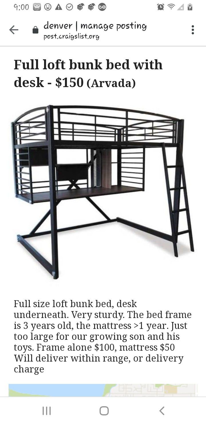 Full size loft bunk bed with desk underneath