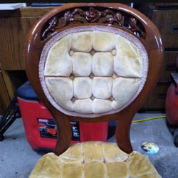 Victorian Balloon Back Rose Carved Gold Velvet With Cream Lace Boats Down Legs And