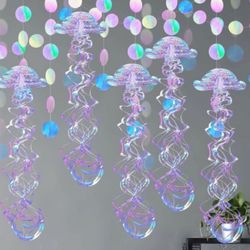 10 Pcs Glitter Iridescent Jellyfish Hanging for Under The Sea Party Decorations