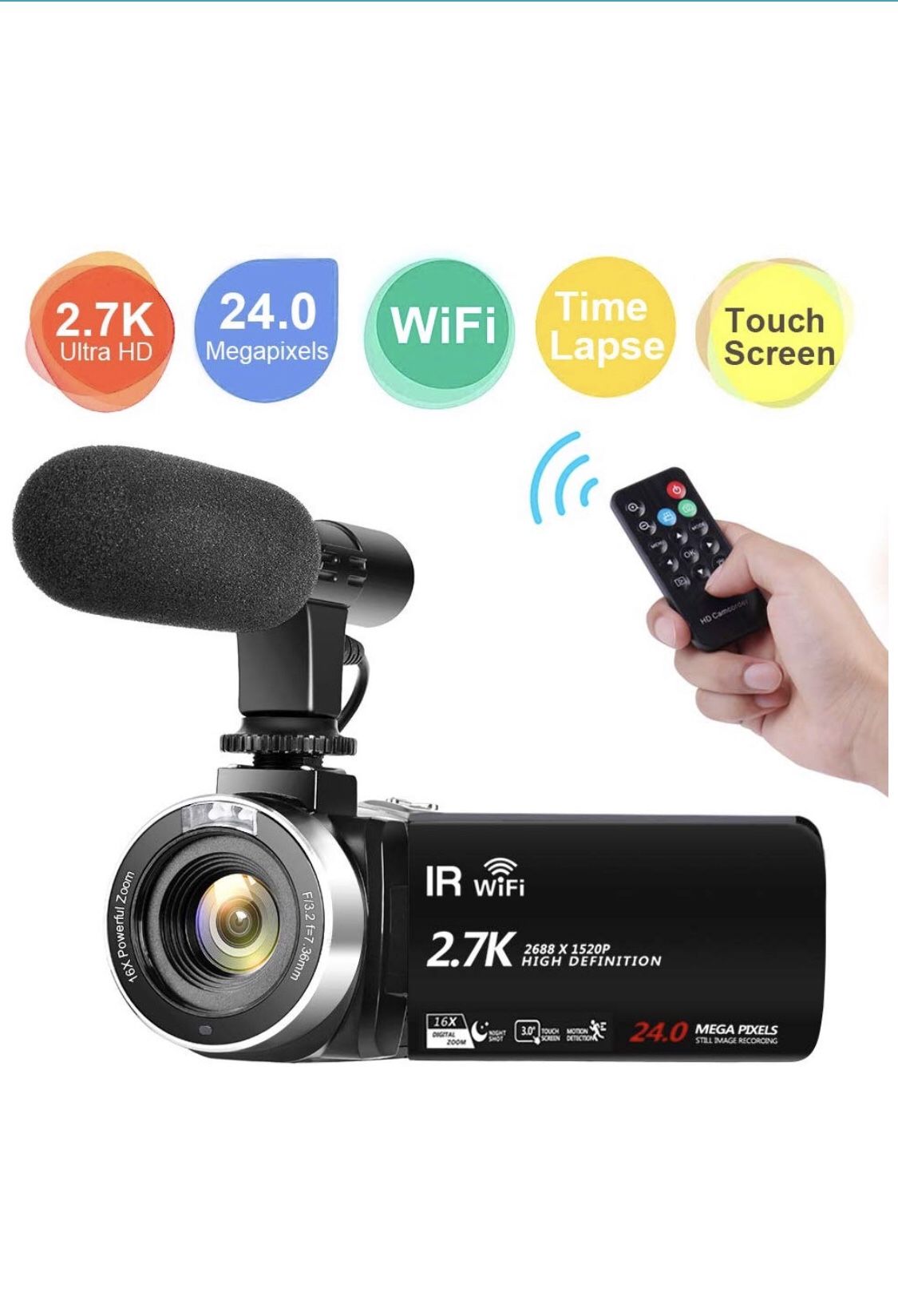 Video Camera Camcorder, Ultra HD 2.7K Vlogging Camera 30 FPS 24MP WiFi