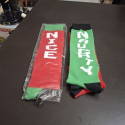 "NEW " 2 Pair Of Cotton Christmas Knee High Socks NAUGHTY & NICE, One Size