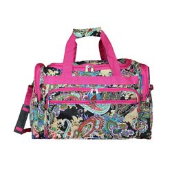 16” Carry On Duffle Bag w/ Shoulder Strap - Pink Trim Multi Paisley