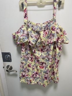 No Comment Plus, 3X, Yellow and Red Ruffled Floral Camisole, faux button front