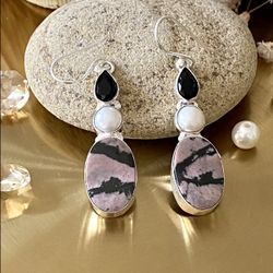 Rhodonite, Biwa Pearl And Black Onyx 925 Sterling Silver Overlay Earrings
