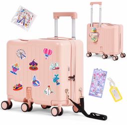 Ride-On Kids Luggage with Pull Strap, Footrests, Cup Holder, 6 Wheels & Adjustable Handle, 18-Inch Spinner