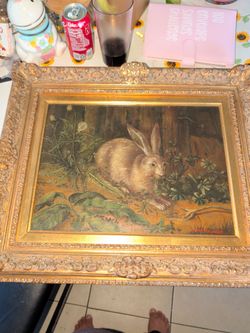 Framed Rabbit Oil Painting with Gold Frame OBO