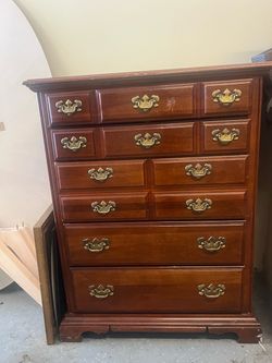 Cherry Wood Tall Dresser with Brass Hardware