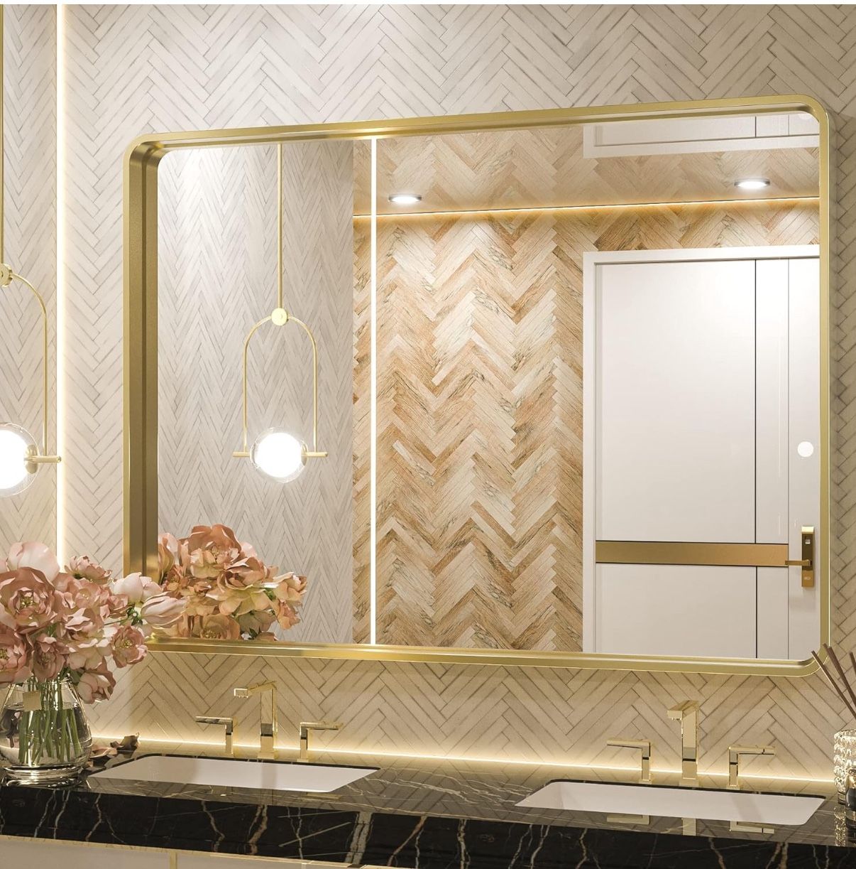 TETOTE 40 x 30 Inch Gold Bathroom Mirror, Brushed Brass Metal Frame Mirror for Vanity, Rectangle Wall Mounted Golden Modern Mirror (Horizontal/Vertica