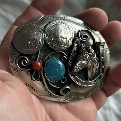 HEAVY VINTAGE NATIVE AMERICAN JEWELRY NAVAJO END OF TRAIL TURQUOISE CORAL STERLING SILVER BELT BUCKLE