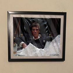 Tony Montana with snow Scarface art piece on black frame