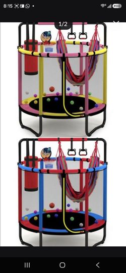 Mini Round Trampoline for Kids with Basketball Hoop, SEGMART 55'' Indoor Outdoor Toddler Trampoline with Enclosure Net, Swing, Sandbag, Ring, Ocean Ba
