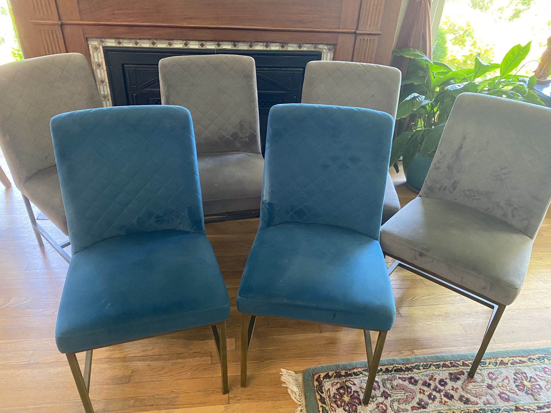 Gray And Blue Teal Velvet Dining Room Chairs With Brass Legs Set If 6