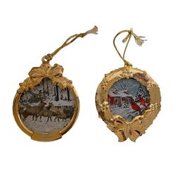  Duchin goldtone ornaments snowy red house with Cardinals & deer in snowy woods