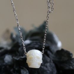 Minimal Gothic Pearl Skull Sterling Silver Necklace