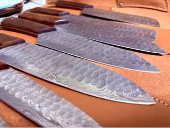 Damascus Steel Kitchen Chefs Knife Set and Leather Roll