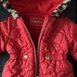 Pistachio 2T Girl’s Red Puffer Jacket With Leopard Faux Fur Trim- New With Tags