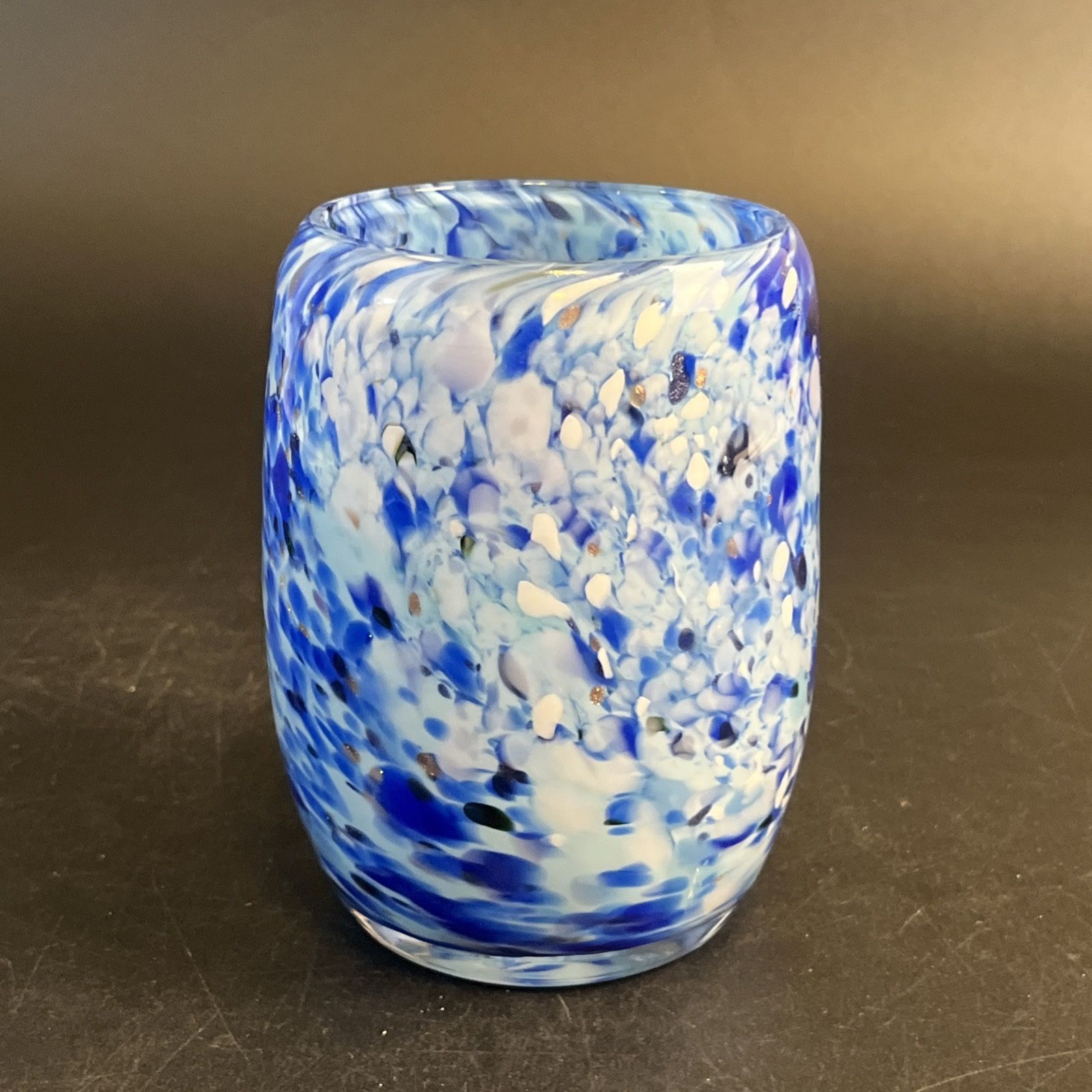 Dehanna Jones 2011 Art Glass Candle Holder Swirl Confetti White Blue Glitter 5"
