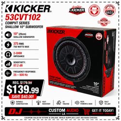 Kicker CVT10 CompVT Series Shallow 10" Subwoofer 2-Ohm 750 Watt Bass Speaker CVT10 🚨 Payment Options Available 🚨 No Credit Needed 🚨