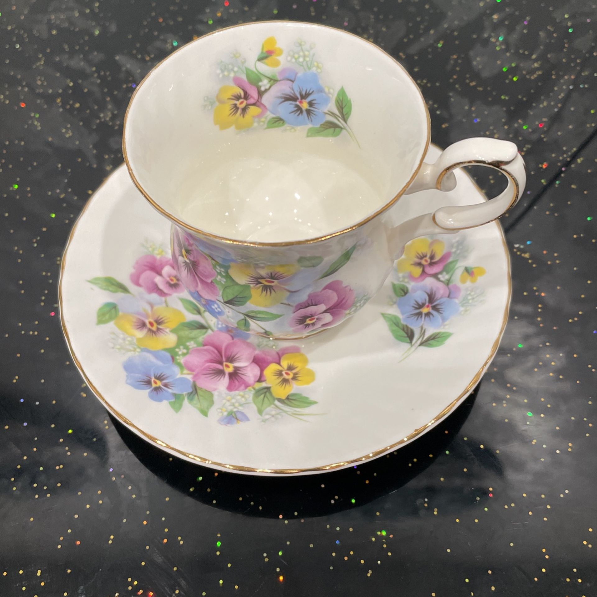Elizabethan Fine Bone China Pansies Pattern Footed Cup and Saucer.