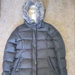 Vintage Ralph Lauren black puffer coat faux fur trim hooded down quilted Size Medium 