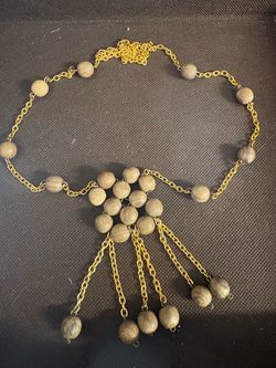 Vintage necklace Sautoir wood and gold chain