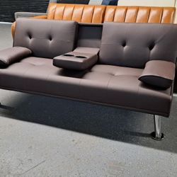 NEW MODERN FUTON SOFA  Cup Holders FAUX LEATHER BROWN 