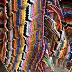 Vintage all the colors rainbow ripple chevron stitch 76” x 44” afghan w/ fringe  