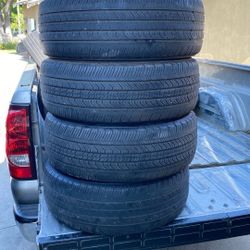 215 55/17 I have four tires in great condition. They have about 50 to 60% of them have about 70%.