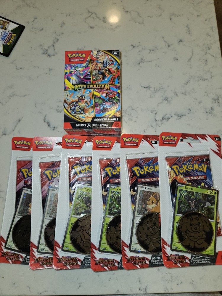 6 Pokemon Destined Rivals Checklane Blister Packs & 1 Mega Evolution Booster Bundle