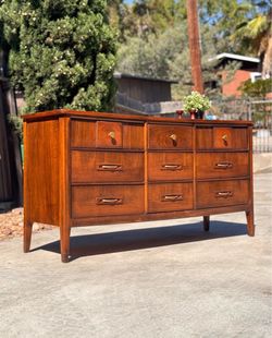 Vintage Mid Century Modern Walnut Lowboy 9 Drawer Triple Dresser
