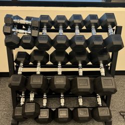(New In Box) 5-50lb Rubber Hex Dumbbells With 3 Tier Dumbbell Rack Weights - Click On Out Profile For More Gym Equipment Via 