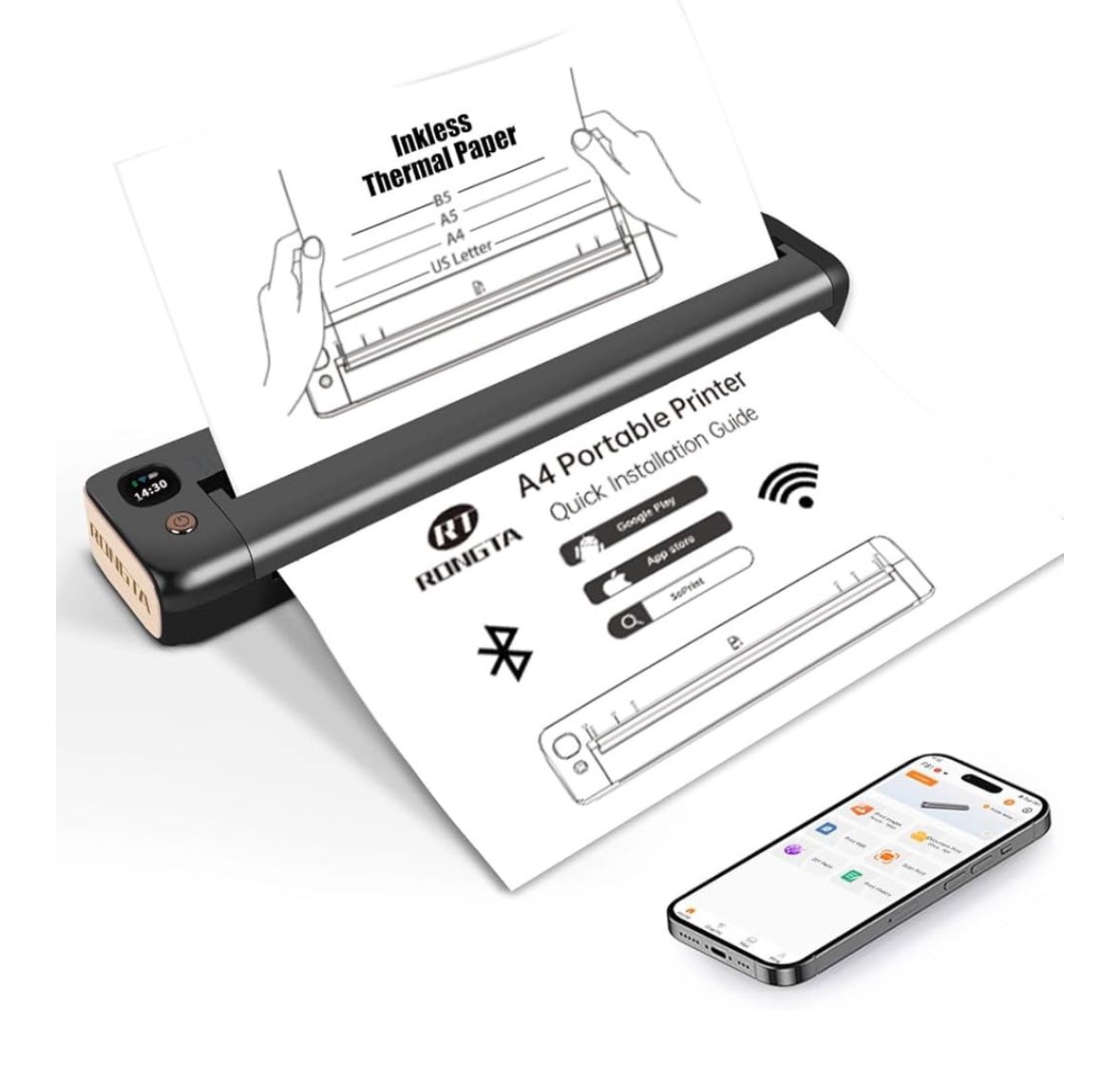 Rongta Portable Printer Wireless for Travel, Bluetooth WiFi Inkless Thermal Printers for 8.5" x 11" US Letter & A4 Size, Compatible with Android iOS P