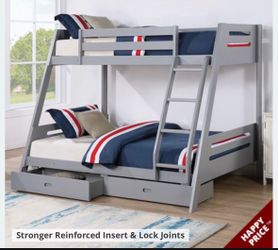 Gray Wood Twin over Full Bunk Bed with Drawers