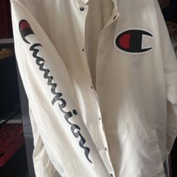 Men’s cream puffy champion jacket size large