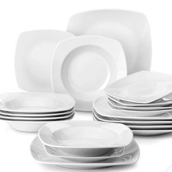 Malacasa Fine porcelain simple line edges square dinnerware set, service for 6, neutral white 
