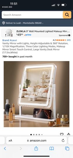 Vanity Mirror with Lights, Height-Adjustable & 360° Rotation, 1/10X Magnification, Three Color Lighting Modes, Makeup Mirror Smart Touch Control, Larg