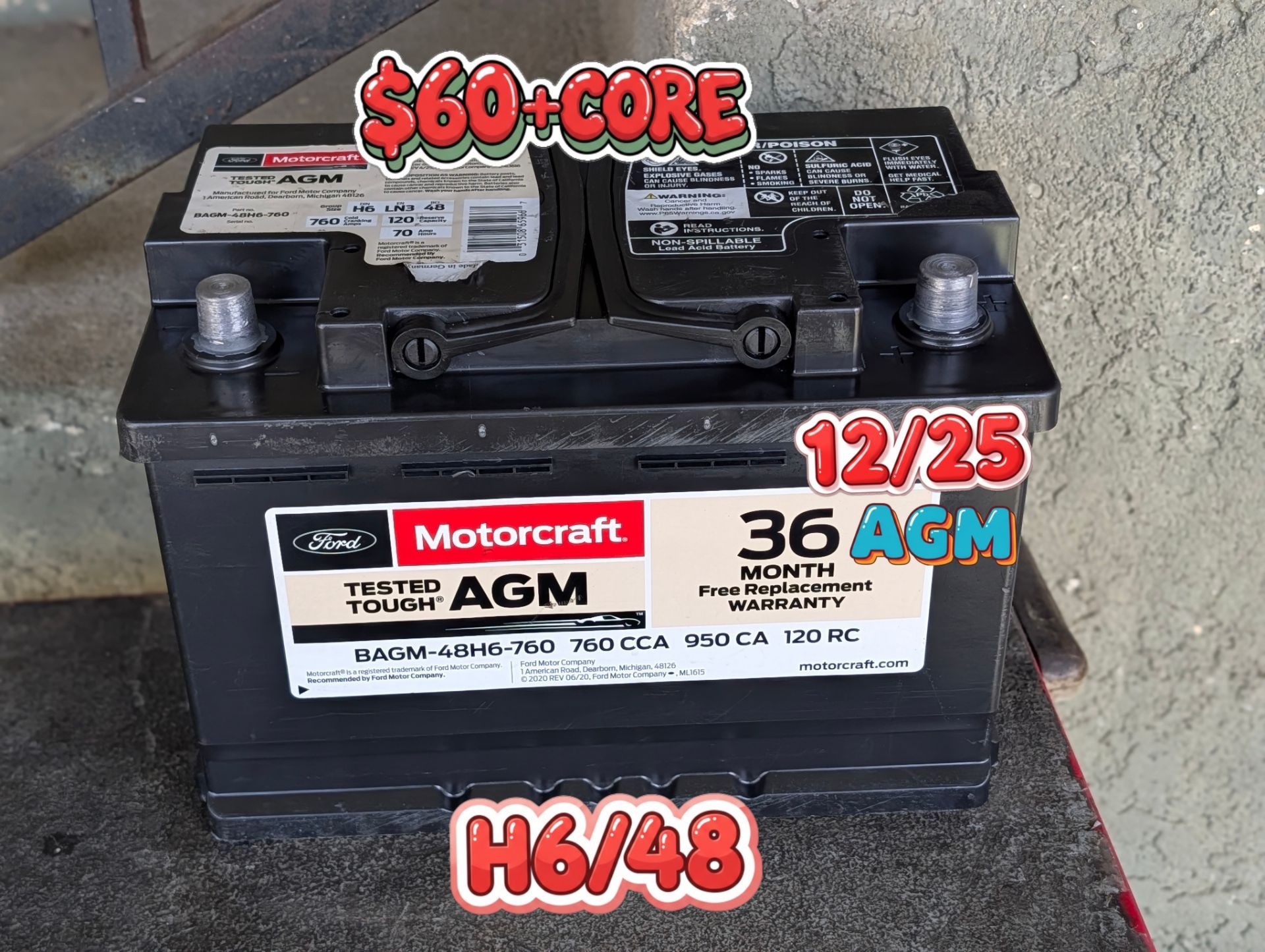 AGM Car Battery Group Size 48/H6